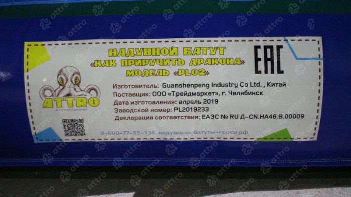 Надувной батут «Как приручить дракона» 18*13*11,5 м