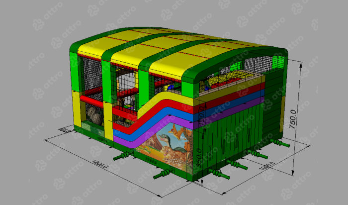 Надувной батут "Динопарк с крышей" 12*10*7,5 м