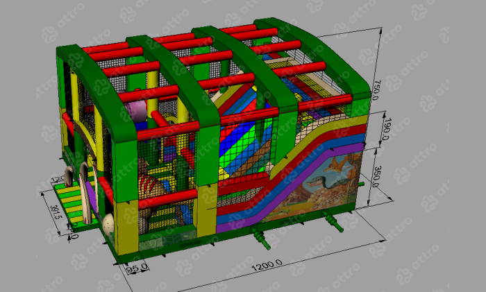 Надувной батут "Динопарк с крышей" 12*10*7,5 м