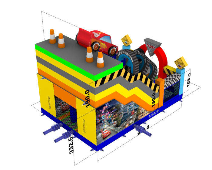 Надувной батут "Супер тачки 3D с переходом" 9*6*7 м