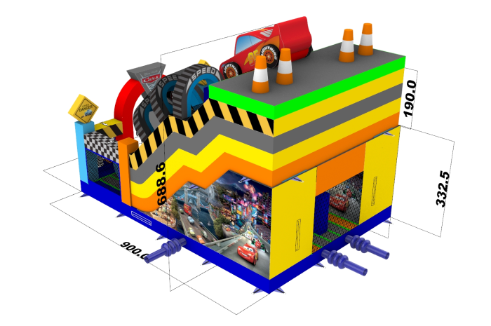 Надувной батут "Супер тачки 3D с переходом" 9*6*7 м