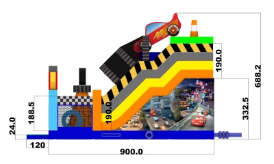 Надувной батут "Супер тачки 3D с переходом" 9*6*7 м