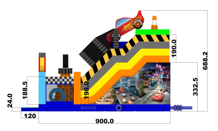 Надувной батут "Супер тачки 3D с переходом" 9*6*7 м