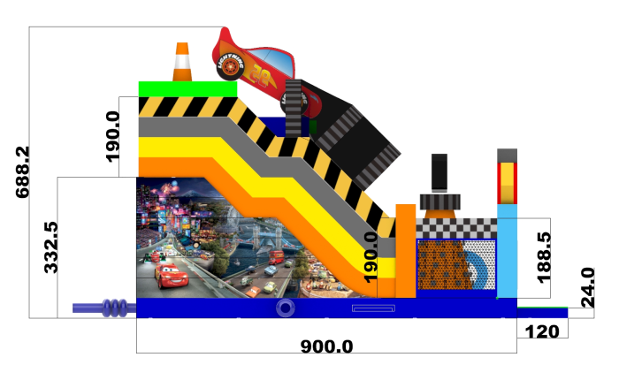 Надувной батут "Супер тачки 3D с переходом" 9*6*7 м
